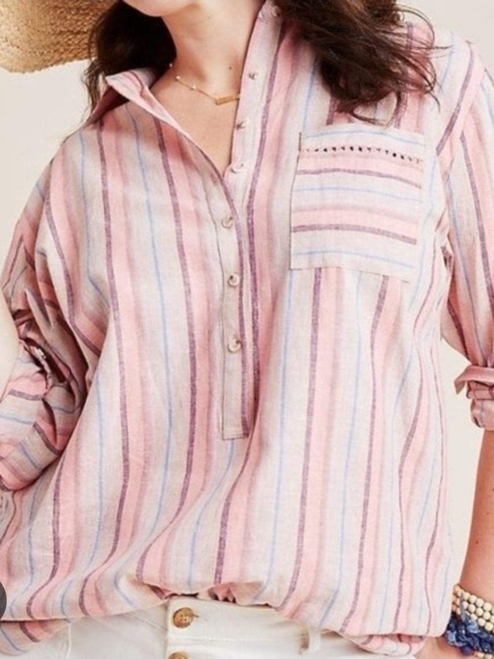 Anthropologie Pink Mauve Striped Button-Front Shirt